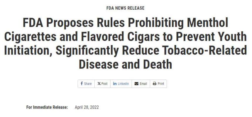 FDA Proposes Rules Prohibiting Menthol Cigarettes and Flavored Cigars to Prevent Youth Initiation, Significantly Reduce Tobacco-Related Disease and Death